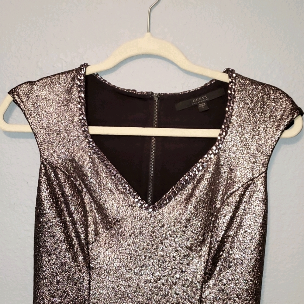 Guess Metallic Python Glam Chain Trim V-Neck Dress - image 1